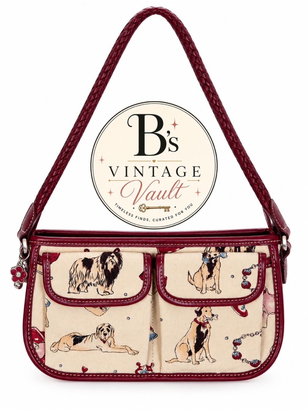 2003 Brighton Dog Print Shoulder Bag in Burgundy/Red and Cream